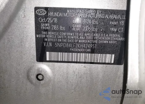 2019 Hyundai Elantra Sel z USA, uszkodzony, nr VIN 5NPD84LF2KH424951